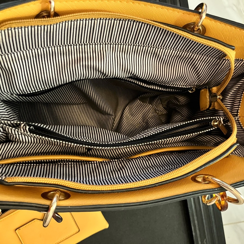 Vibrant Yellow Geometric Tote Bag with Silver Hardware - Picture 3 of 5